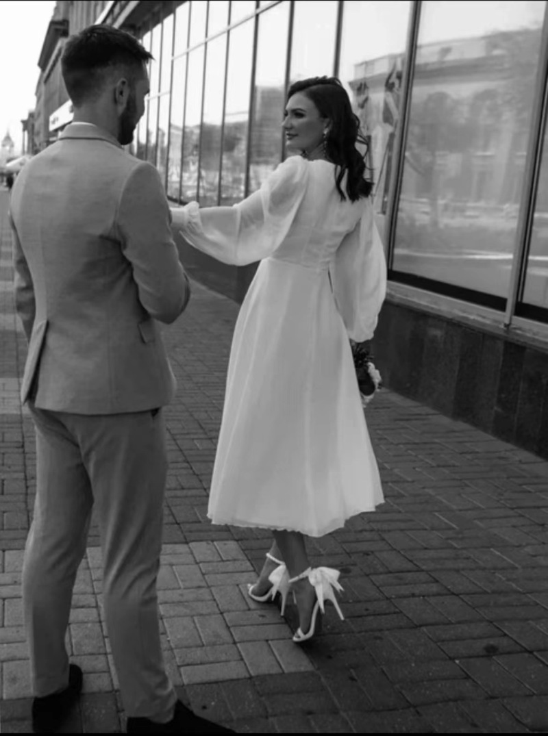 Women's A-line V-neck Wedding Dress with long sleeves and midi skirt