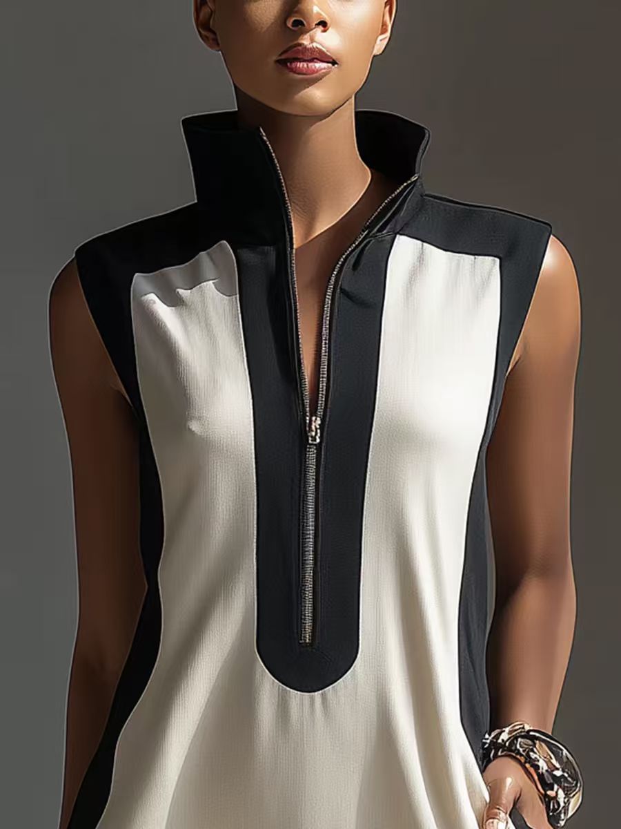 Sleeveless Contrast Color Block Dress detail close-up