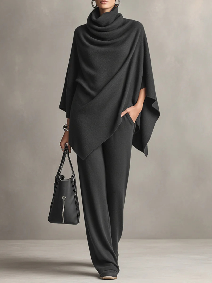 Women'S Autumn And Winter German Velvet Pile Collar Cape Top Wide Leg Pants Two-Piece Set