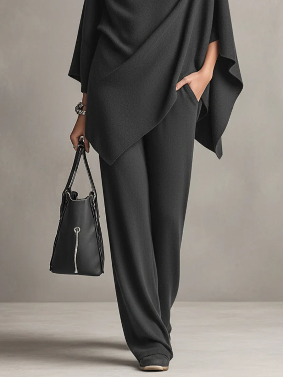 Women'S Autumn And Winter German Velvet Pile Collar Cape Top Wide Leg Pants Two-Piece Set