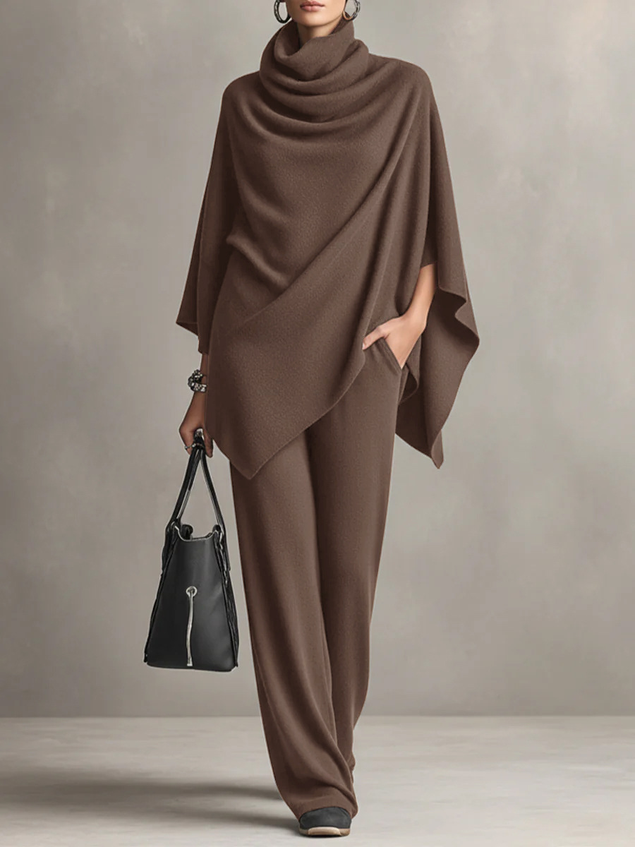 Women'S Autumn And Winter German Velvet Pile Collar Cape Top Wide Leg Pants Two-Piece Set
