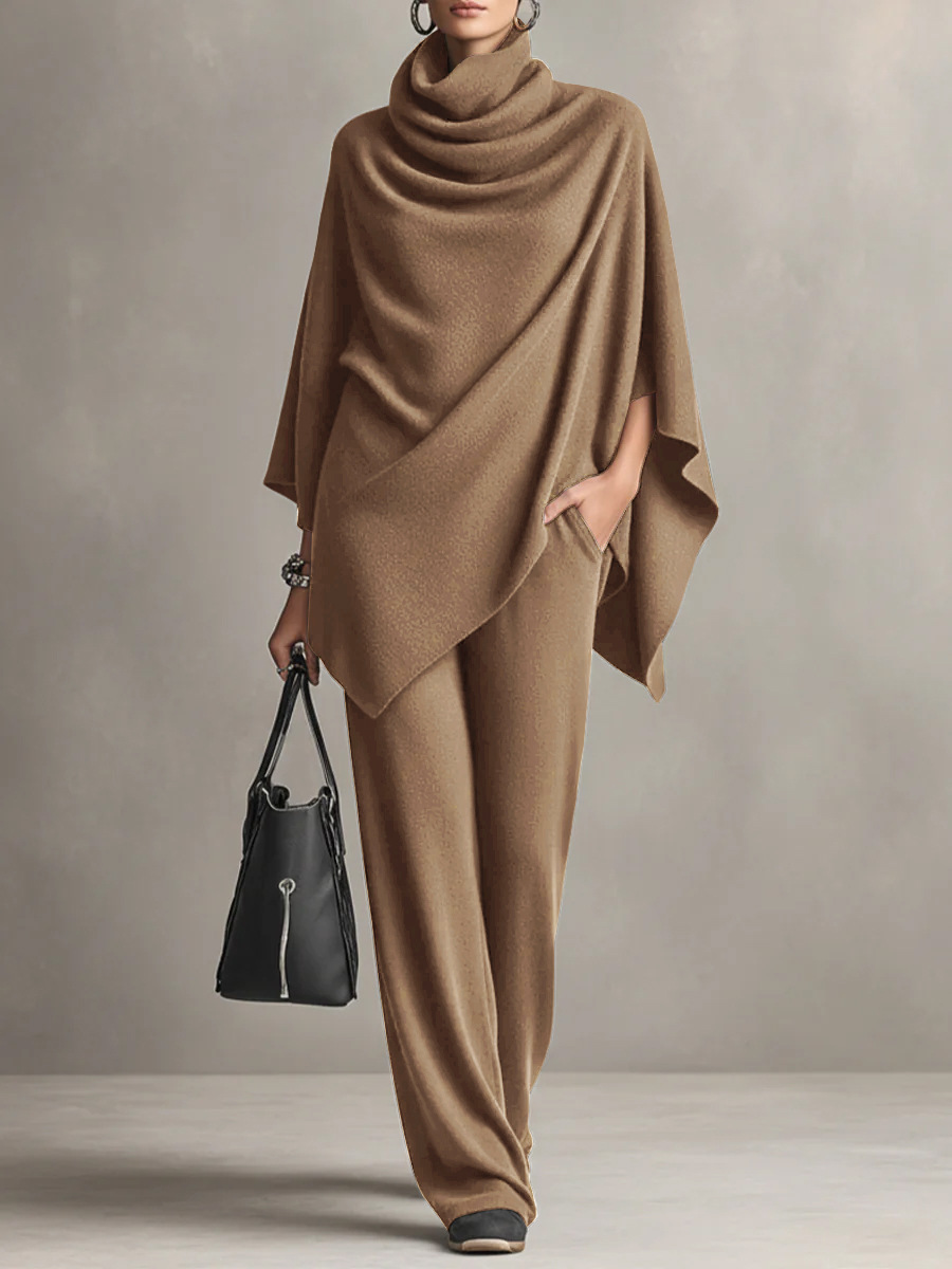 Women'S Autumn And Winter German Velvet Pile Collar Cape Top Wide Leg Pants Two-Piece Set