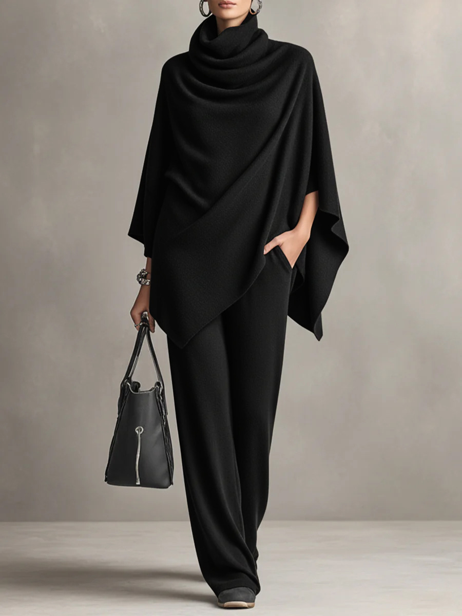 Women'S Autumn And Winter German Velvet Pile Collar Cape Top Wide Leg Pants Two-Piece Set