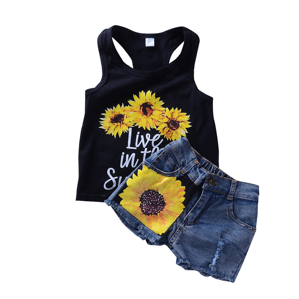 Children Sunflower Vest Denim Set